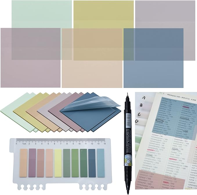 YOUDEFUL 800Pcs Transparent Sticky Notes, 3"x3" Clear Sticky Notes, Waterproof Translucent Sticky Note Pads for Books Annotation, Clear Post it Notes for Bible Study, School, Office（Morandi）