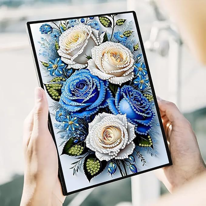 FRANDEK Pearl Painting Notebook Kit, Blue and White Rose A5 DIY Journal with 50 Blank Pages, Diamond Gem Art Cover with Waterproof Canvas, Beginner Craft Set with Full Tools for Adults