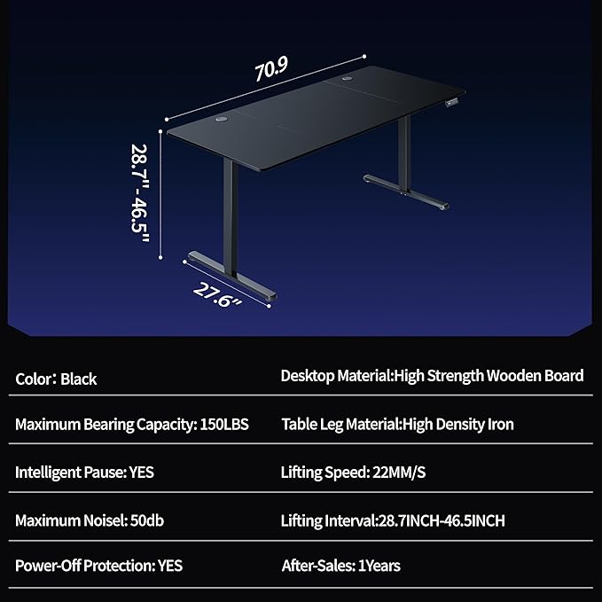 Shintenchi Standing Desk, 71x31 Inch Height Adjustable Electric Sit Stand up Desk, Ergonomic Rising Computer Table, Modern Lift Gaming Desk Workstation for Home Office, Black
