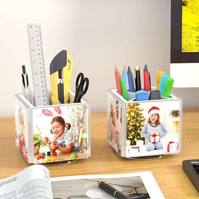 HIIMIEI Acrylic Picture Frames for Desk, 4-side Magnetic Photo Cube Pen Holder 4"x 4", 360° Rotating Desktop Organizer for Pencil, Makeup Brushes, Home, Office (White)