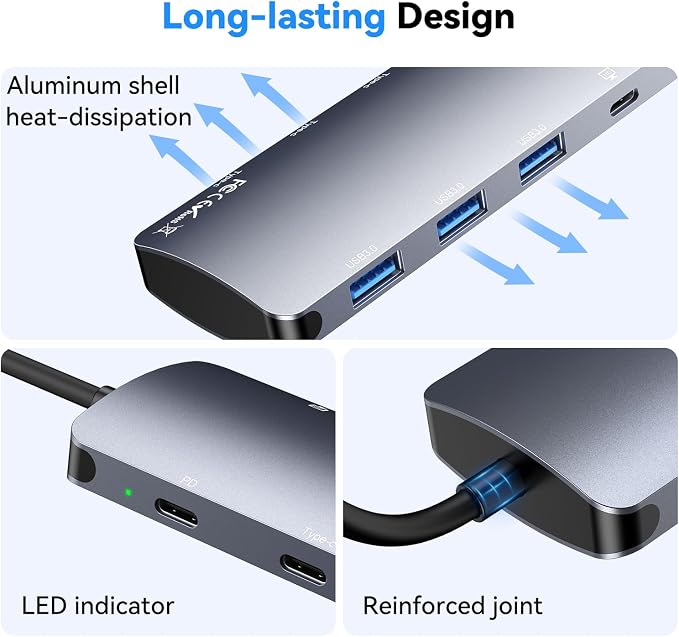 USB C Hub 10Gbps, USB C Splitter with 4K@60Hz Video Output, 100W PD Charging, Data Transfer, USB4 Multiport Dongle Adapter Extender for MacBook Pro/Air, iPad Pro, Dell, HP and More Type C Devices