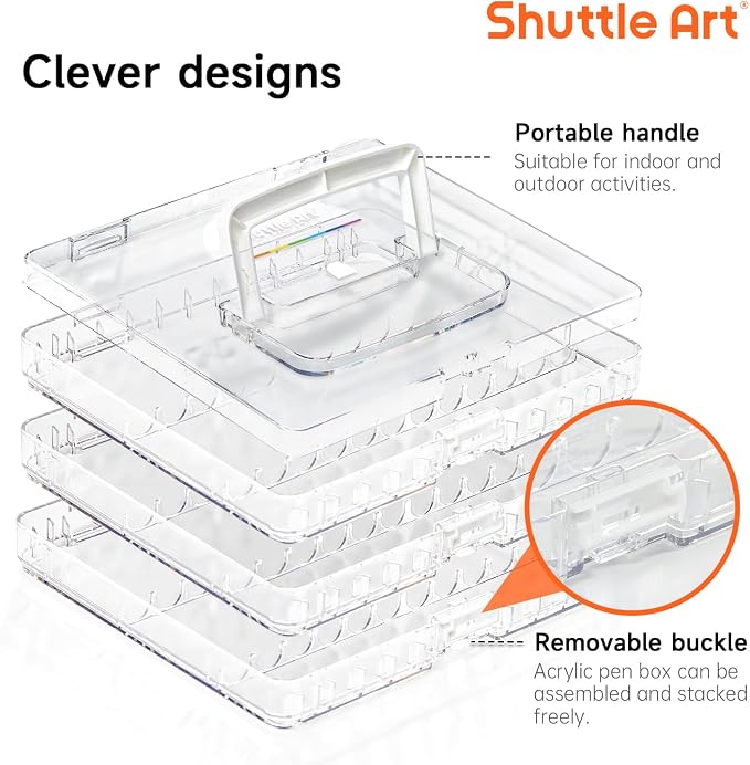 Shuttle Art 36 Automatic Ink Control Acrylic Paint Markers Organizer, Portable 3-Layer Transparent Storage Box, Stackable Pen Holder for Art Supplies,Ideal for Home, Office & School Desk Organization