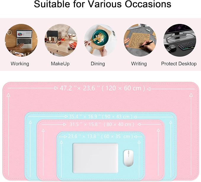 Dual-Sided Desk Mat, Large Pad, Waterproof Smooth PU Leather Blotter Protector, Mouse Pad, Desk Organizers, Office/Home Table Decor for Reading and Writing (Light Pink+Blue, 47.2''23.6'')