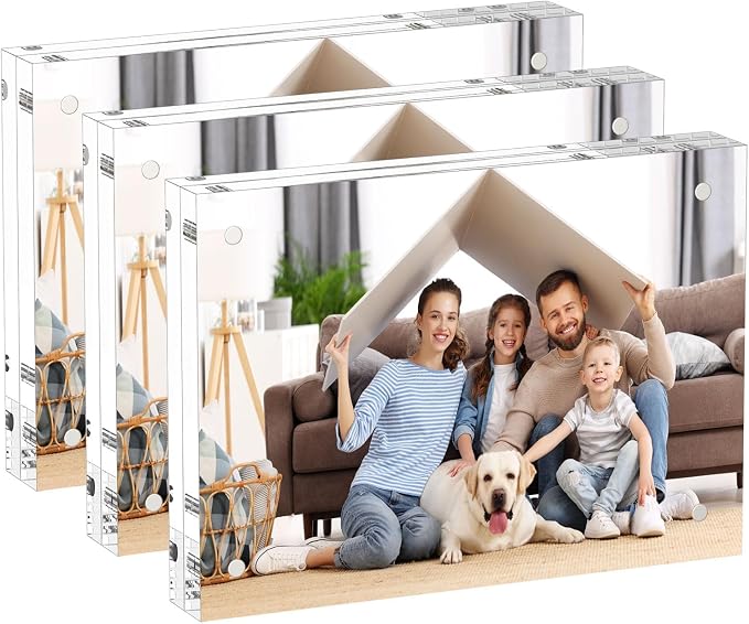 AITEE 5x7 Acrylic Picture Frames 3 Pack, Clear Picture Frames，20% Thicker | Freestanding Double Sided Magnetic Acrylic Lucite Frameless Transparent Square Frame Block Gift for Desktop Display