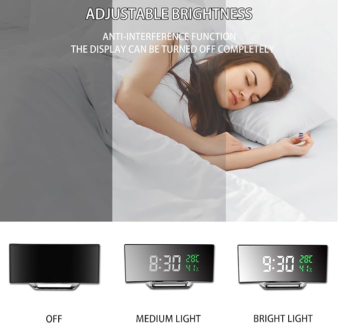 Digital Alarm Clock, LED Alarm Clock with Large Curved Screen, 2 Levels Brightness, 2 Alarms, Snooze, Bedside Clock with Temperature and Humidity Display, USB Power Supply (W&G)
