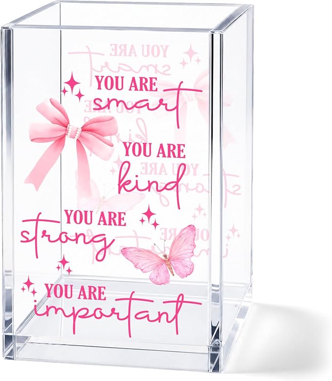 Butterfly Acrylic Pen Holder Cup, Inspirational Affirmation Desk Decor, Positive Quotes Pencil Holder Organizer, Aesthetic Office Accessories, Gift for Women Teen Girls