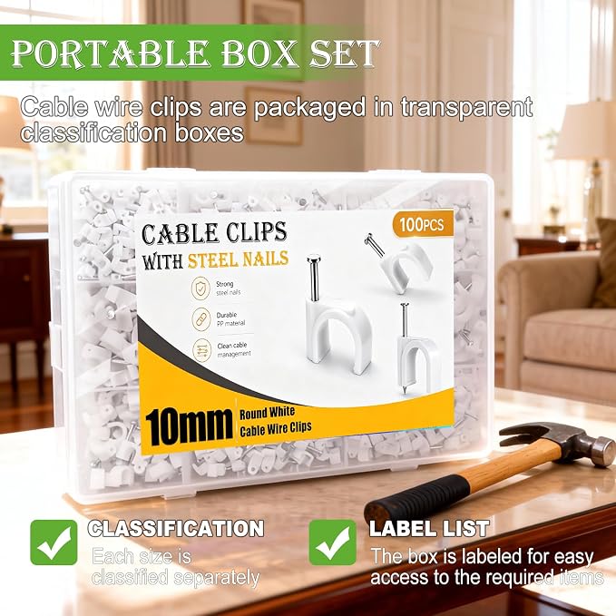 mxuteuk 100PCS Cable Clips with Steel Nails,10mm Round White Cable Wire Clips,Wall Clips for Cords,Cable Cord Clips for RG6 RG59 CAT6 RJ45