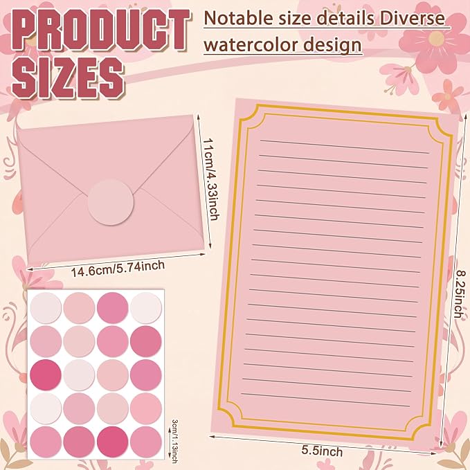 TaoBary 160 Packs Stationery Paper Set (50 Double Sided Stationery Writing Papers 50 Matching Envelopes) 60 Round Dot Sticker, 10 Design (5.5 x 8.25 Inch,Pink Color)