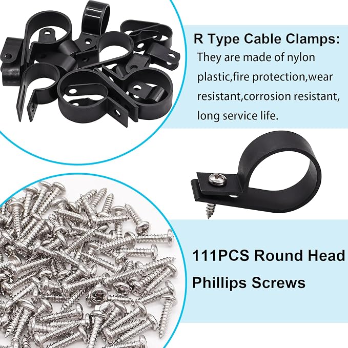 TWTADE 222PCS Black Cable Clamps Assortment Kit,Nylon Plastic R-Type 6 Sizes 3/16'' 1/4'' 3/8'' 1/2'' 3/4'' 1'' Cable Mounting Wire Clips Fastener with Screws for Wire Management