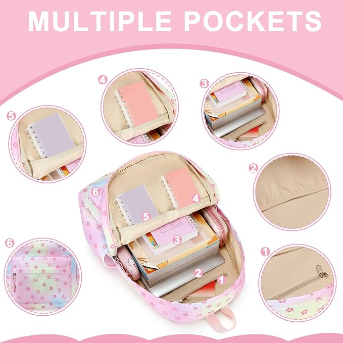 Bluboon Teen Girls School Backpack Kids Bookbag Set with Lunch Box Pencil Case Travel Laptop Backpack Casual Daypacks (Rainbow pink polka dots)