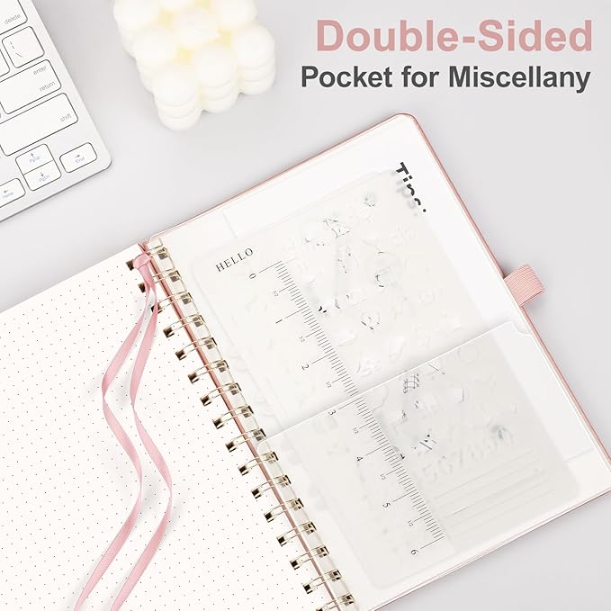 AHGXG Dotted Journal Spiral Notebook, Hardcover Leather Dotted Notebook 140 Pages, A5 Dot Grid Paper Notebook, 100 gsm Thick Paper, for Dotted Journaling, 5.7" x 8.3", Rose Gold