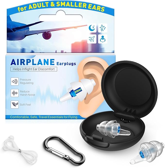 Ear Plugs for Airplane Pressure Relief & Preventing Ear Pain - Flying Travel Essentials - Comfortable Reusable Plane Earplugs for Adult/Kids 12+, Inclu Silicone Cord, 25dB Noise Reduction