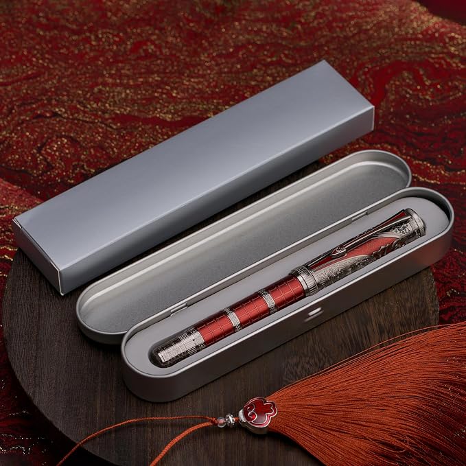 Hongdian D5X Fountain Pen Red Color Medium Nib, Qin Dynasty Retro Chinese Totem Engraving Smooth Writing Pen with Converter and Pen Box Set