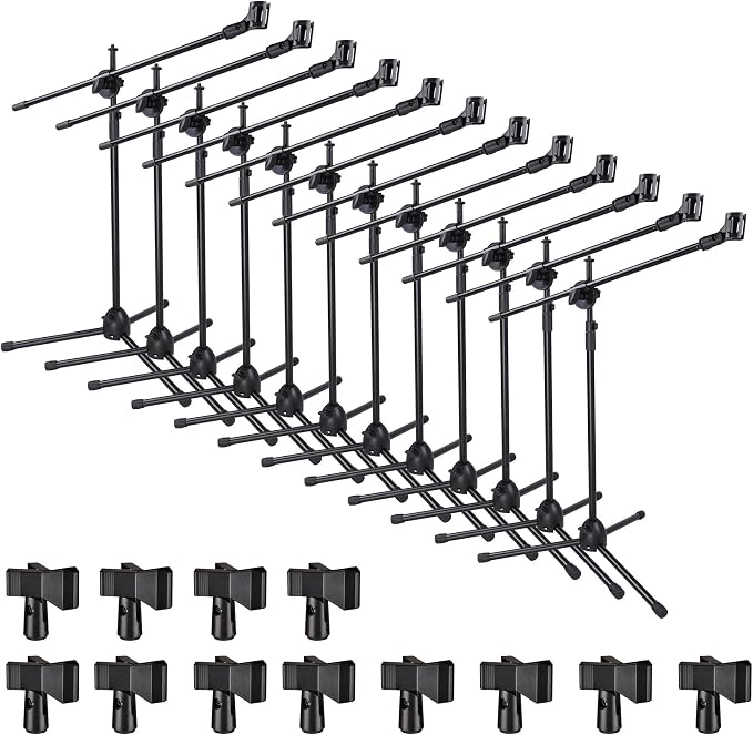 AW 12pcs Boom Mic Stand Floor Adjustable Height Mic Tripod Stand w/ 2 Mic Clip Holder Foldable Microphone Holder for Singing Live Stream Stage Studio