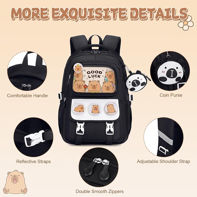 Capybara Backpack for School Girls, 30PCS Capybara Gifts School Supplies Stationery Set with Lunch Box Pencil Case Pens Pencils Notebook Cartoon for Kindergarten Elementary Student(Black)