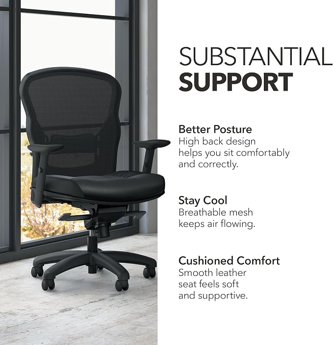 HON Wave Ergonomic Office Chair, Lumbar Support, Desk Chair, Black | Leather high back ergonomic office desk chair with lumbar support, adjustable arms, office decor, advanced tilt for comfort