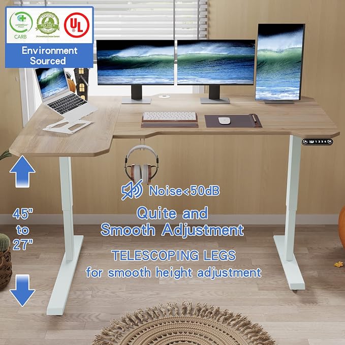 L-Shaped 59" Height Adjustable Electric Standing Desk,Height Stand Up Computer Desk,Sit and Stand Home Office Desk with Splice Board (Oak Top, White Frame)