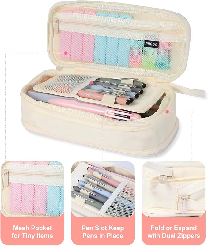 56 PCS Aesthetic School Supplies with Large Pencil Case, 5 Inspirational Ballpoint Pens, 12 Pastel Highlighters, 5 Black Ink Gel Pens, 6 Mechanical Pencils 0.5-0.7mm College Student Essentials (Beige)
