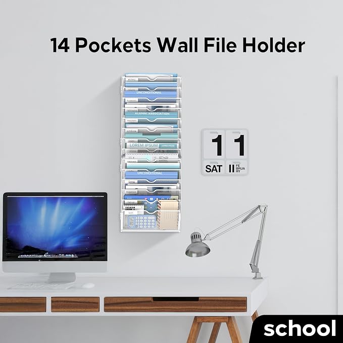 14 Tier Wall Hanging File Organizer, Paper Folder Holder Wall Mounted, Metal Mail Sorter for Office Home School, White