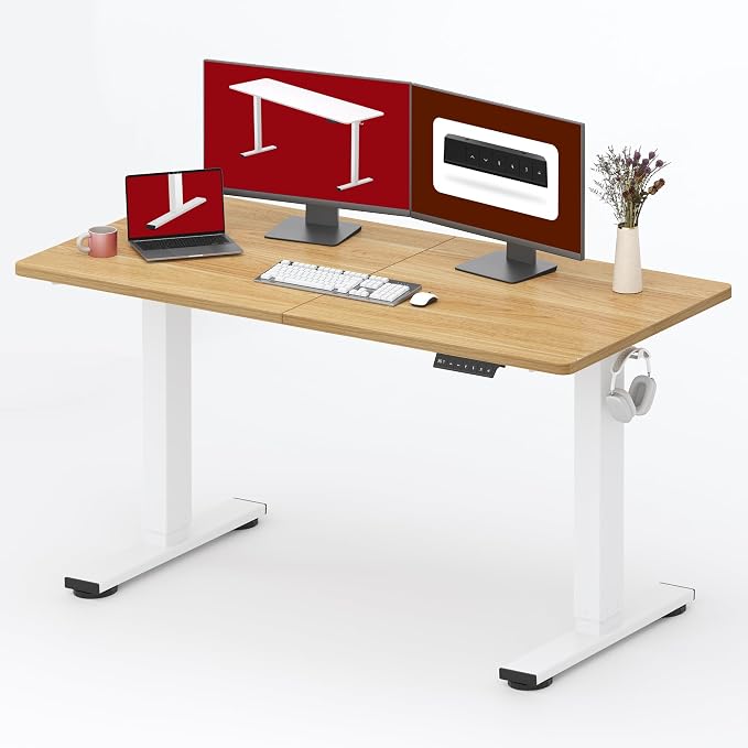 SANODESK Height Adjustable Electric Standing Desk 55x24 Inches, Sit Stand Desk with Splice Board for Home Office, Ergonomic Computer Workstation, Study & Gaming, White Frame/Maple Top