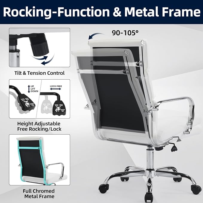 Office Chair, Ergonomic Executive Conference Room Chairs, Ribbed Leather Desk Chair with Lumbar Support, Adjustable Height Mid-Back Swivel Chair with Padded Seat