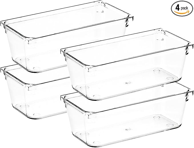 4 Pack Drawer Organizers, 3"X 6" Clear Acrylic Storage Bins | Acrylic Tray Design, Non-Slip Pads, Desk Storage Helper, For Makeup, Jewelry, Kitchen, Bathroom, Office Organization