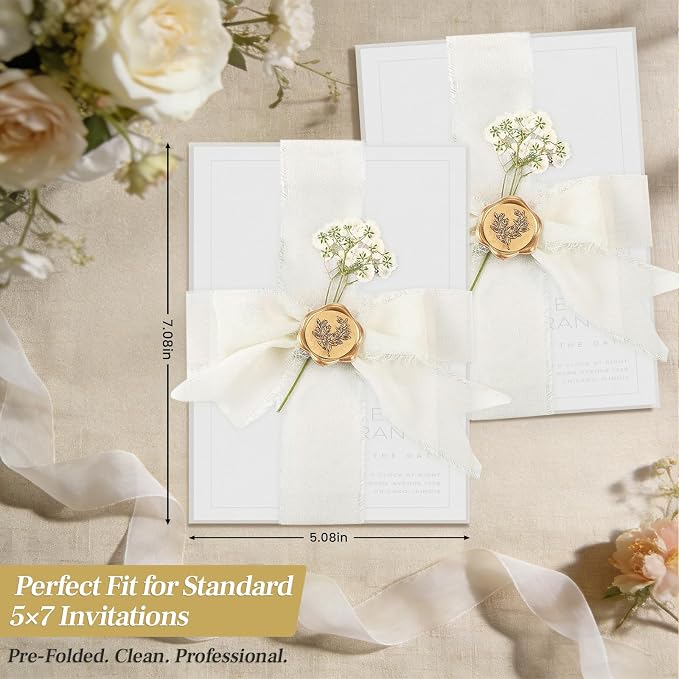Wedding Invitation Accessories Kit, Pre-Folded Vellum Jackets for 5×7 Invitations with Wax Seal Stickers, Ribbon & Dried Flowers, Elegant Wedding Invitation Accessories for DIY Bridal Invites (Off-White, 50)
