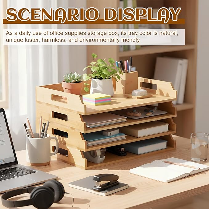 4 Pcs Stackable Paper Tray Bamboo Wood Desk Organizer Letter Tray 4 Tier Wooden File Organizer Desk Shelf for Documents, Letter Sorter, Envelopes and Magazine Holder