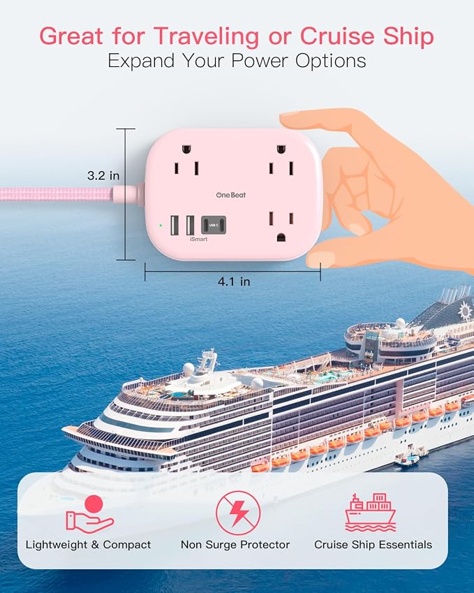 Cruise Essentials 2026,Travel Power Strip with USB C,Flat Plug Extension Cord 10 ft with 3 Outlets 4 USB Ports(2 USB C), Desk Wall Outlet Extender,Non Surge Protector for Cruise,Dorm Room,ETL-Pink