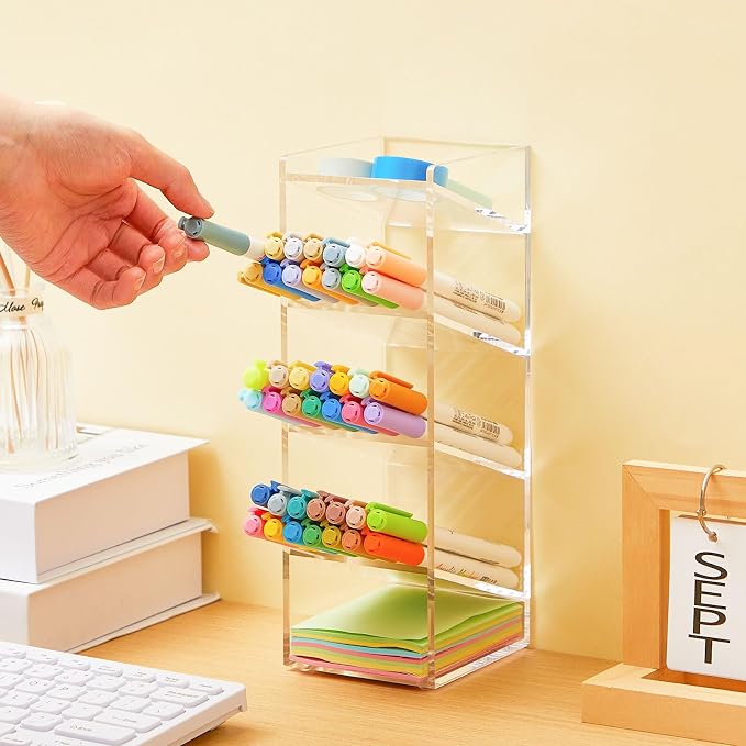MotiMind Acrylic Pen Organizer Storage for 50 Markers Vertical Marker Organizer Acrylic Pen Display Holder for Office Desk Desktop Stationery Pencil Storage, Clear, 3.4 x 4 x 10.2 Inch