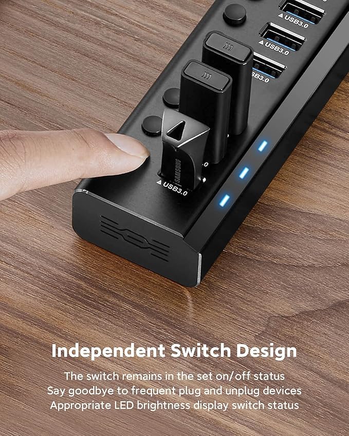 USB Hub 3.0 Powered Rosonway Aluminum 7 Ports USB 3.0 Data Hub Splitter with 24W (12V/2A) Power Adapter and Individual On/Off Switches USB Port Expander for PC and Laptop (RSH-A37S) (Pack of 2)
