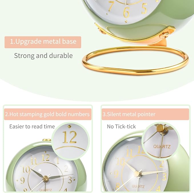 Tetino Analog Alarm Clocks for bedrooms,Small Desk Clocks,Night Light, Non-Ticking，Battery Powered,Silent Alarm Clock for Kids,Simple Design Desktop Alarm Clock. (Pink)