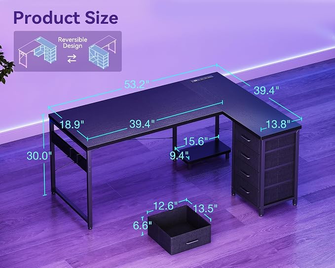 AODK 53" L Shaped Gaming Desk with 4 Drawers and Power Outlets, Black | USB Ports, PC Tower Stand, Hooks, Reversible Corner Layout for Gaming Rooms, Bedrooms and Home Office
