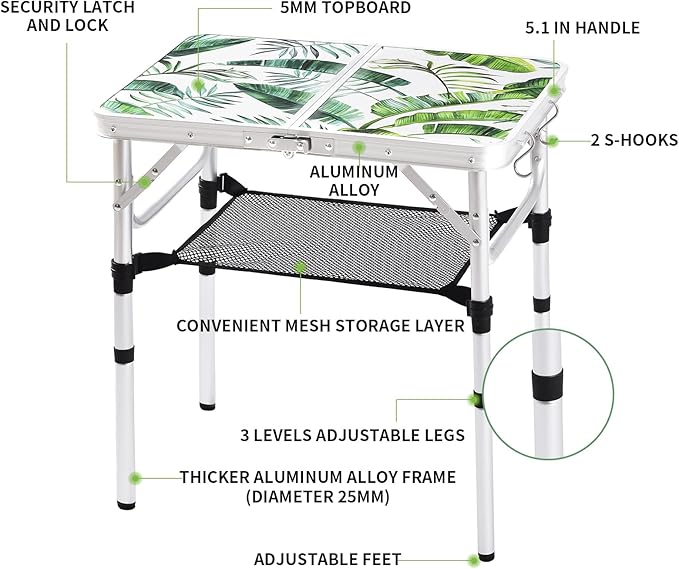Folding Camping Table 2ft Portable Picnic Table Adjustable Height Small Card Table Aluminum Foldable Lightweight with Carry Handle for Outdoor Indoor Hiking Camp BBQ Beach (Monstera Palm Leaves)