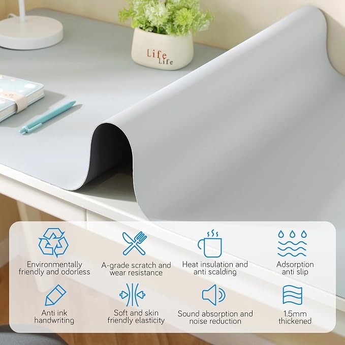 Dry Erase Desk Mat for Making Plans,27.5"x13.8" Writable & Erasable Desk Mouse Pad with 2 Markers & 2 Cloths,Waterproof Writing Desk Pad for Office Home School (Pale Gray)