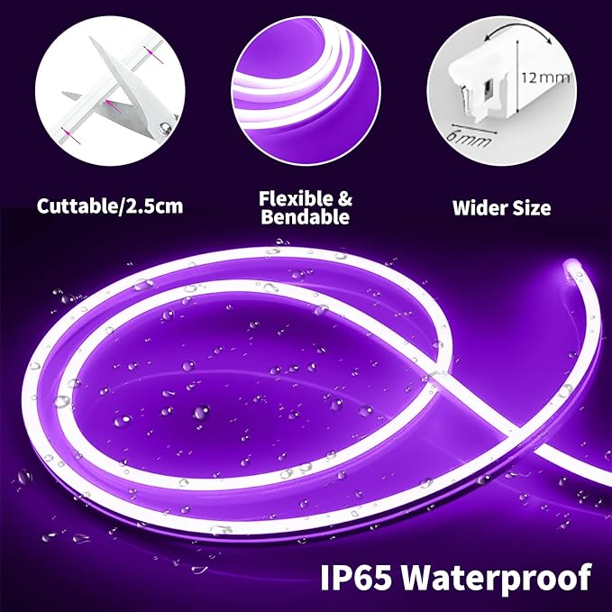 iNextStation 5M/16.4FT Purple Neon LED Strip Light, 12V Flexible Silicone Neon Rope Lights, IP65 Waterproof Cuttable LED Light with Mounting Clips for Gaming Room, Bedroom, DIY Decor (No Adapter)