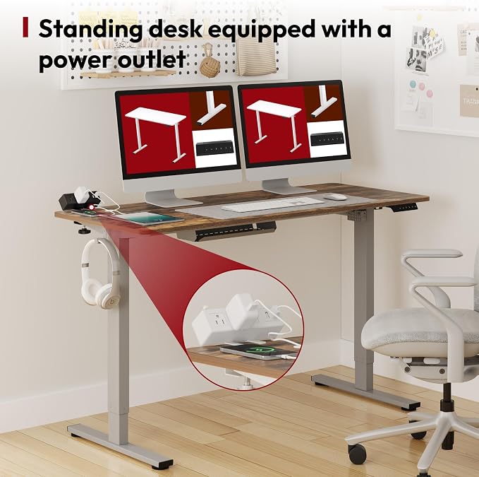 SANODESK Electric Standing Desk with Desk Clamp Power Strip 48"x 24" Whole-Piece Desktop Height Adjustable Stand Up Desk with Cable Management Sit Stand Home Office Desk Silver Frame/Rustic Brown Top