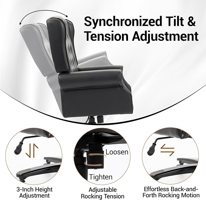 Vintage High Back Wingback Executive Office Chair, Black | Home Desk Chairs with Tufted Nailhead Trim & PU Faux Leather, Heavy Duty Adjustable Rocking Computer Chair for Gaming