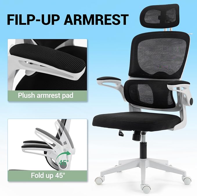 Ergonomic Office Chair with Flip-up Arms, White | Home Desk Chair w/ Coat Hook, Adjustable Headrest and Lumber Support, Mesh Computer Gaming Chair, 330 LBS