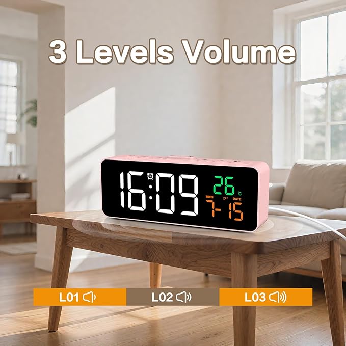 Netzu 3-in-1 Digital Clocks for Living Room, Small & Compact Alarm Clock | Temperature, Date & Time Display, 4 Birghtness, 3 Volumes, Plug-in, for Bedroom, Office