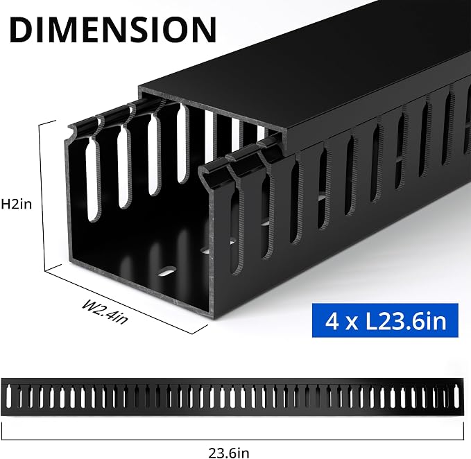 ZhiYo 2"H x 2.4"W Cable Management Raceway, 95in Under Desk Channel, Black | Slotted Wire Duct, 4Pack, 23.6in Each, Heavy-Duty PVC Cable Management for Server Racks, Network Cables & Electrical Cabinets