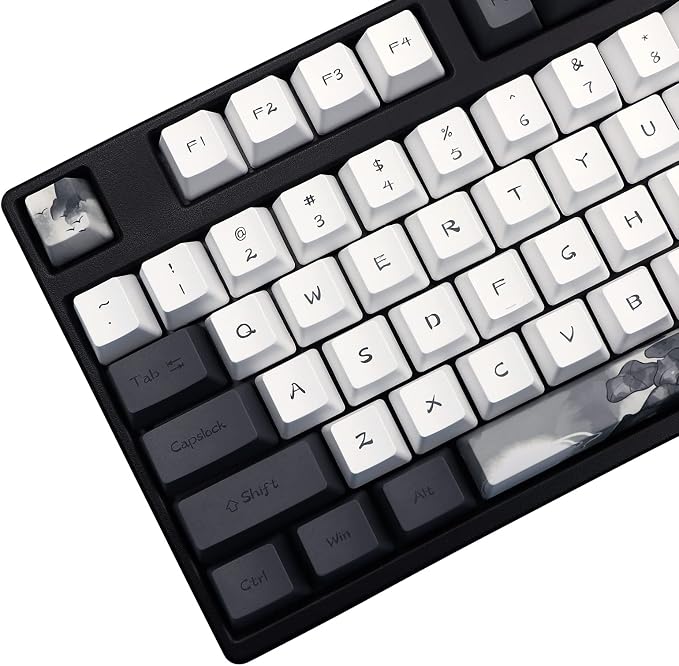 JSJT Ink Lotus Keycaps 140 Keys OEM Profile Keycap PBT Dye Sublimation Key Caps for ANSI/ISO Layout Cherry MX Switch Mechanical Gaming Keyboards GK61/68/87/96/104/108 (with 6.25u spacebar)