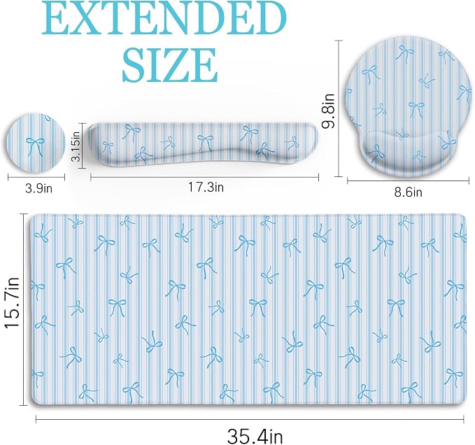 LIMKRIAN Blue Striped Mouse Pad Set Large Desk Mat for Desktop, Ergonomic Mousepad with Wrist Rest for Gaming, Keyboard Mat Wrist Support Cup Coaster Set, Cute Home Office Desk Accessories for Women