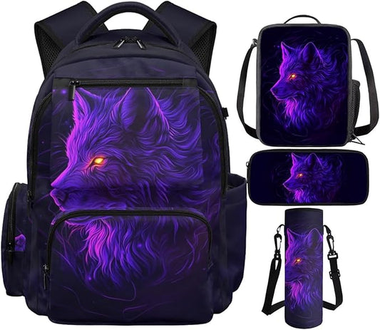 Cool Wolf Kids Backpack and Lunch Box Graphic School Bookbag for Boys Back to School Supplies Personalized Backpacks 4 in 1 Set Water Bottle Holder Pencil Case Included