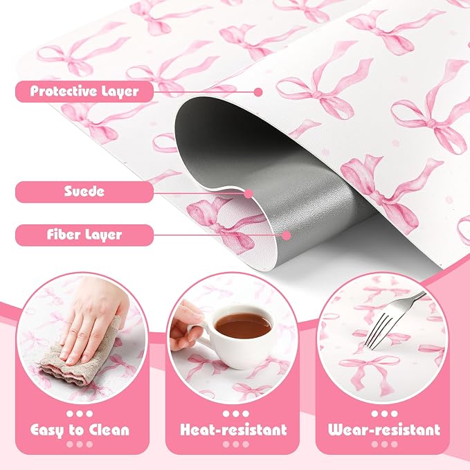 Teenyyou Coquette Bow Makeup Mat for Vanity Top Protector Back to School Gift 31.5" X15.7" Dual Side Leather Desk Mouse Pad Girly Waterproof Nonstick Dressing Vanity Cover for Women Home Office