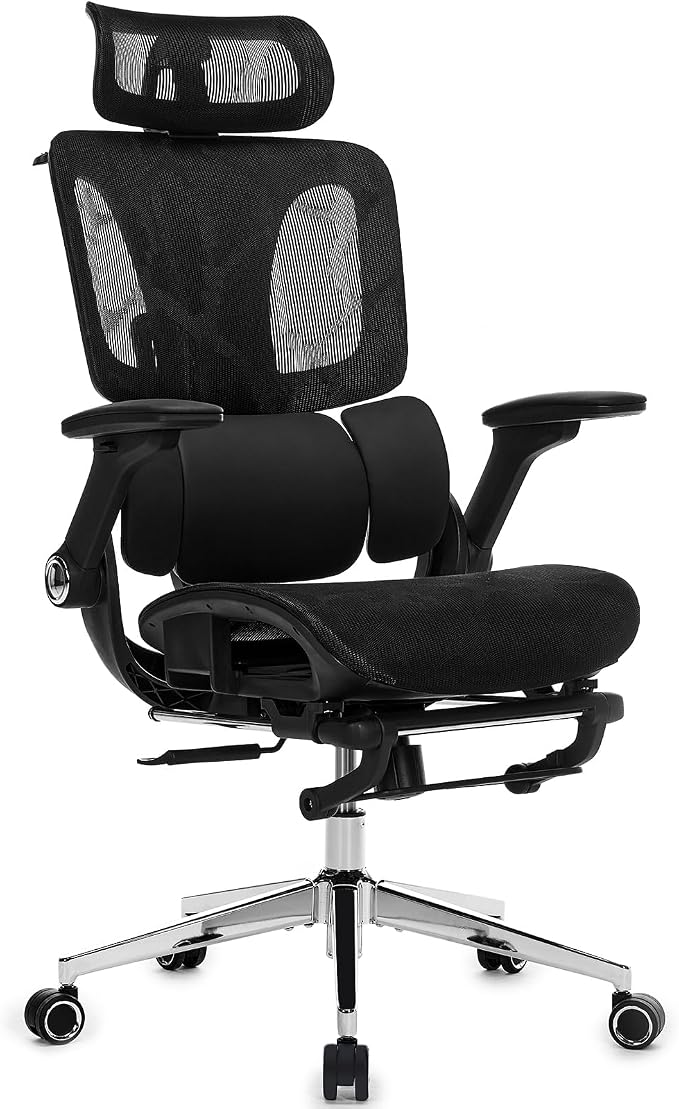 Ergonomic Mesh Office Chair with Footrest, High Back Desk Chair with 4D Armrests, 3-Zone Dynamic Lumbar Support, Ergonomic Office Chair with Wheels (Black)