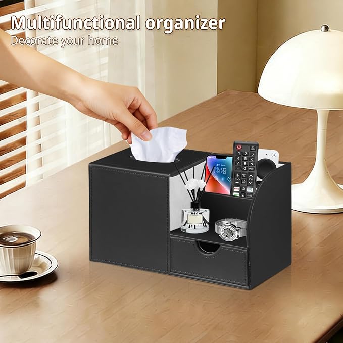 Square Tissue Box Cover with Storage Drawer,Facial Tissues Cube Box Holder | PU Leather Modern Remote Control Holder,Nightstand Organizer Caddy for Bathroom Vanity, Makeup,Office and Home Desktop Decor