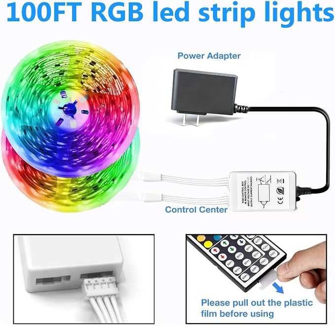 DAYBETTER Led Lights for Bedroom 100 ft, Led Strip Lights with Remote 44 Keys, 24 V Power Supply, Color Changing Led Light for Room Decor