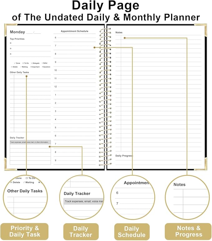 Undated Daily Monthly Planner for 2026 or Anytime - A5 To Do List with Hourly Schedule, Hardcover Spiral Bound Daily Planner to Increase Focus, Stylish School/Office Supplies, 5.8" x 8.5", Black