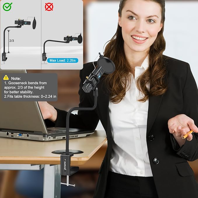 ZealSound Microphone Stand Gooseneck 19”, Flexible Clamp-On Desktop Mic Stand with 360° Adjustable Arm, 3/8" to 5/8" Adapter, Heavy-Duty Desk Mount, for Podcasting, Streaming, Podium & Public Speaking